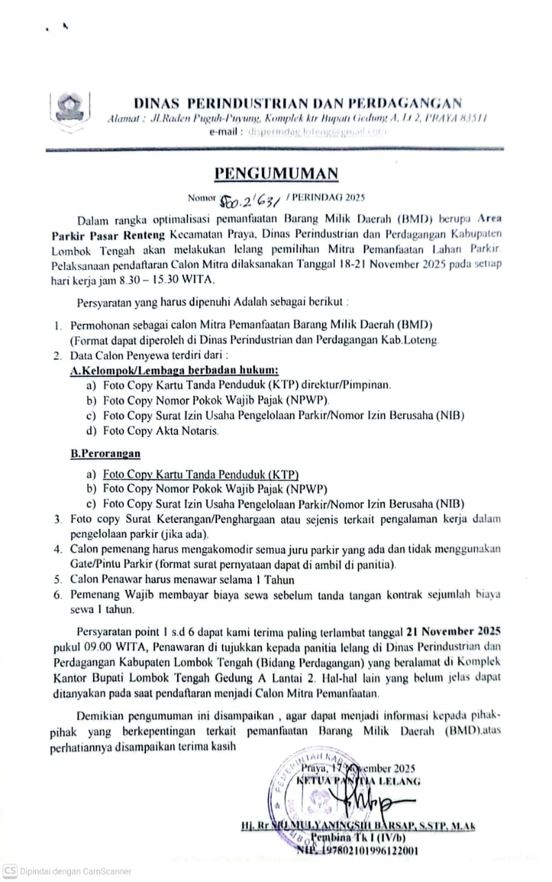 Pengumuman Lelang Pemilihan Mitra Pemanfaatan Lahan Parkir Pasar Renteng Kecamatan Praya
